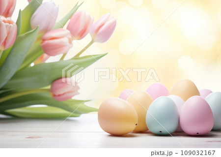 An elegant background featuring pastel-colored Easter eggs and beautiful tulips, 109032167
