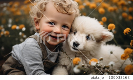 ittle boy sitting in a field of flowers with a baby lamb cuddled up next to him 109032168