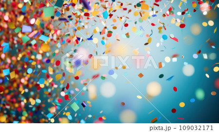 flurry of confetti fills the frame in this photo, with a carnival-inspired background 109032171