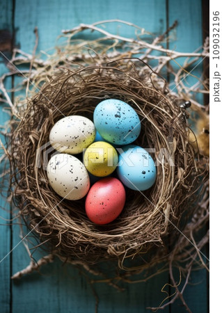 A rustic, natural background with a bird's nest filled with speckled Easter eggs 109032196