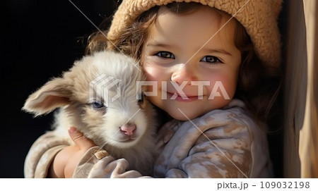 An adorable shot of a little girl hugging a baby goat, both of them looking into the camera 109032198
