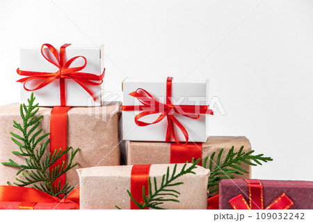 Many different gifts on white background. Christmas concept. 109032242