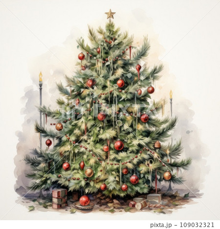 A watercolor illustration of a Christmas tree decorated with ornaments and lights. solated A watercolor illustration of a Christmas tree decorated with ornaments and lights. solated 109032321