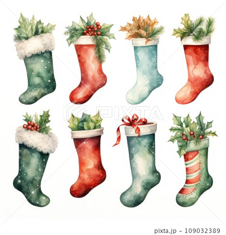 Watercolor illustrations of various Christmas stockings. solated Watercolor illustrations of various Christmas stockings. solated 109032389