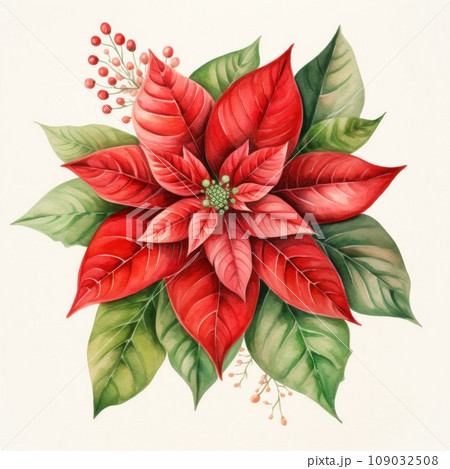 watercolor drawing of a poinsettia flower and leaves, isolated watercolor drawing of a poinsettia flower and leaves, isolated 109032508