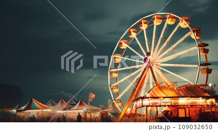towering ferris wheel set against a lively carnival scene, perfect for showcasing your message 109032650
