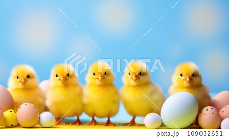 A playful background with bright yellow Easter chicks and colorful eggs, 109032651