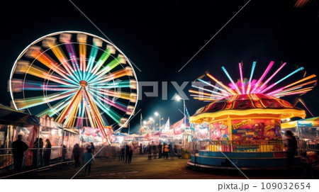 thrill of carnival rides, with bright lights and a bustling carnival atmosphere in the background. 109032654