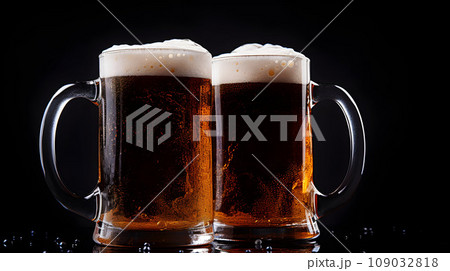 Two glass mugs, filled with dark beer Two glass mugs, filled with dark beer 109032818