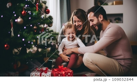family happy at christmas with christmas tree and christmas ornaments, 109032844