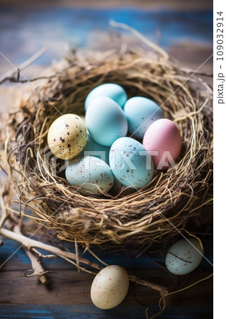 A rustic, natural background with a bird's nest filled with speckled Easter eggs A rustic, natural background with a bird's nest filled with speckled Easter eggs 109032914