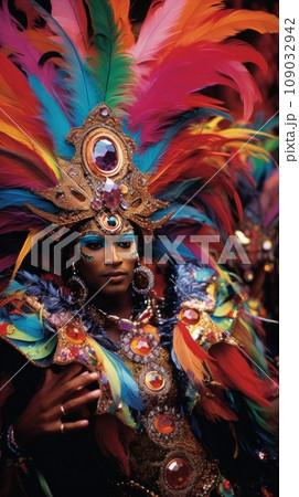 group of carnival-goers dressed in elaborate costumes, set against a lively carnival backdrop 109032942