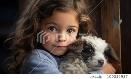 An adorable shot of a little girl hugging a baby goat, both of them looking into the camera An adorable shot of a little girl hugging a baby goat, both of them looking into the camera 109032987