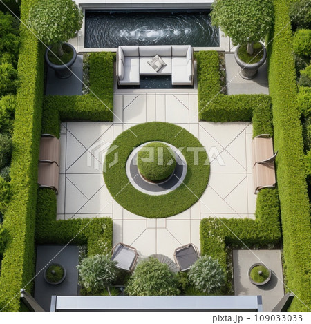 A stunning aerial shot of a modern garden design featuring a geometric pattern of hedges. 109033033