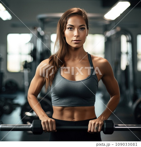 A woman in workout clothes lifting weights at the gym, with a determined expression on her face. 109033081