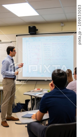 A teacher standing in front of a whiteboard explaining a concept to a classroom full of students 109033083