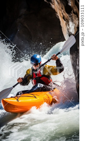 A kayaker navigating through rough white water rapids A kayaker navigating through rough white water rapids 109033111