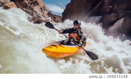 A kayaker navigating through rough white water rapids A kayaker navigating through rough white water rapids 109033148