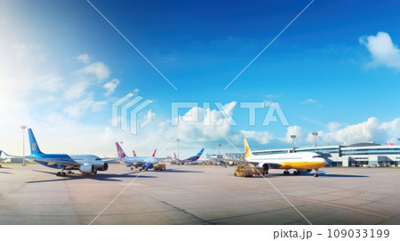panoramic view of an airport runway with planes parked and in motion 109033199