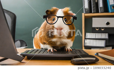 Guinea pig wearing glasses sitting on desk looking at computer screen. office work concept  ,ai generated 109033240