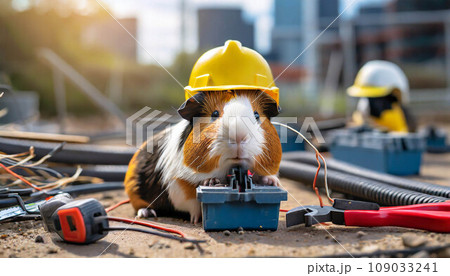 Electrician at work on construction site. Guinea Pig wearing helmet  ,ai generated 109033241