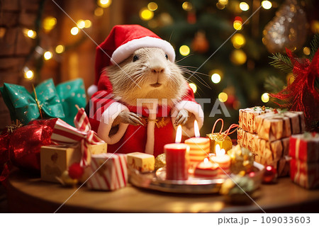 Capybara in a Santa suit, Christmas setting 109033603