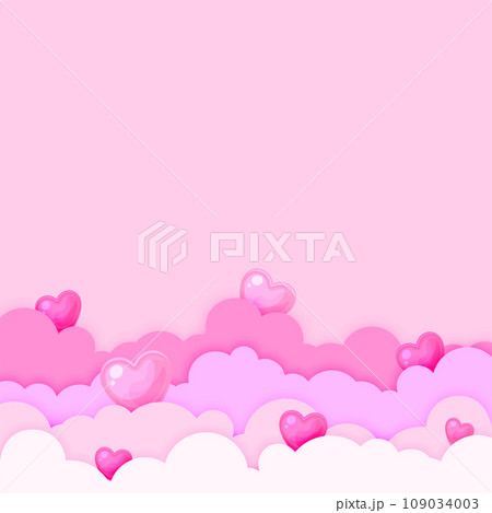 Paper cut cloud heart love background pink flat. Festive banner valentine day greeting card landscape papercut purple romantic flyer gift party sweetheart cute cartoon web poster brochure sweet dream 109034003