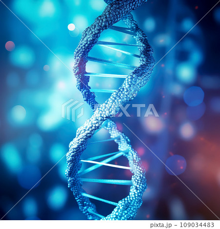 DNA molecule structure. 3d render on blue bokeh background. DNA molecule structure. 3d render on blue bokeh background. 109034483