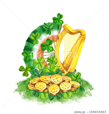 Watercolor fan, harp, coins and green shamrock. Design of a bright illustration of jewelry for St. Patrick's Day, magic, treasures, wishes of good luck. Element isolated on white background. 109034803