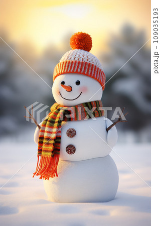A festive snowman, adorned with a cozy hat and scarf, spreading Christmas holiday cheer in the frosty outdoor wonderland 109035193