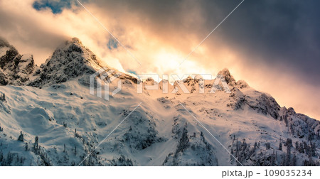 Canadian Mountain Landscape. Aerial Panoramic View. Dramatic Sunset. Canadian Mountain Landscape. Aerial Panoramic View. Dramatic Sunset. 109035234