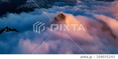 Canadian Mountain Landscape. Aerial Panoramic View. Dramatic Sunset. 109035243