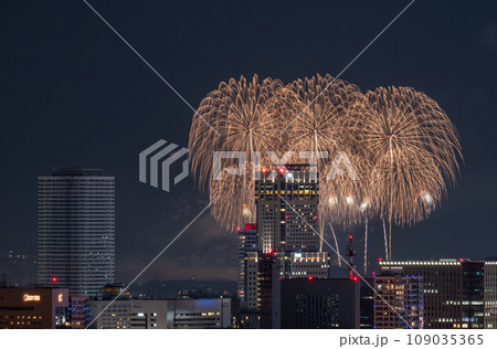 都市夜景と高層ビルの上を彩る花火 109035365