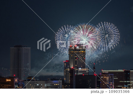 都市夜景と高層ビルの上を彩る花火 109035366