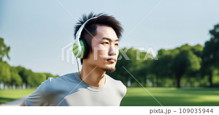 公園で音楽を聴きながらジョギングする男性　AI生成画像 109035944
