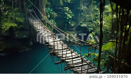 Old suspension wood bridge in tropical forest, vintage dangerous footbridge across river in summer. Scenery of green jungle and blue water. Concept of travel, adventure, nature 109035970