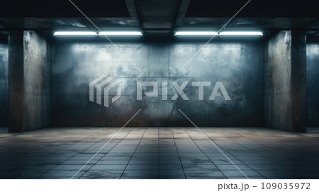 Blank concrete wall mockup in dark underground parking, vintage empty space to display advertising. Old warehouse or garage. Concept of banner, logo, brand, background, light, factory 109035972