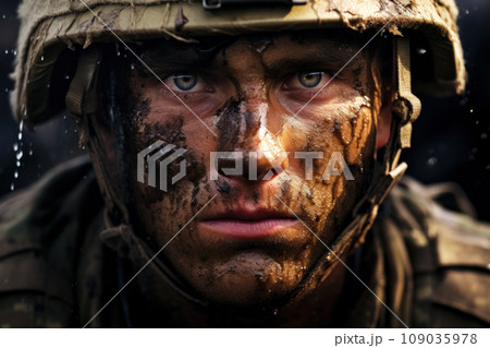 Portrait of tired soldier during war close-up, dirty face of depressed veteran. Eyes of shocked army man after battle. Concept of ptsd, stress, military, mud. 109035978