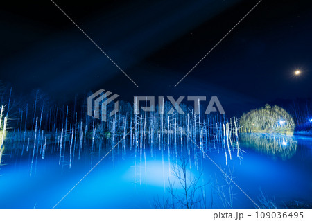 青く輝く水面の観光名所「青い池」のライトアップ夜景｜北海道美瑛町白金｜11月 109036495