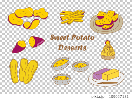 Sweet potato sweets illustration set (color, line brown) (hand drawn, handwritten) Sweet potato sweets illustration set (color, line brown) (hand drawn, handwritten) 109037181