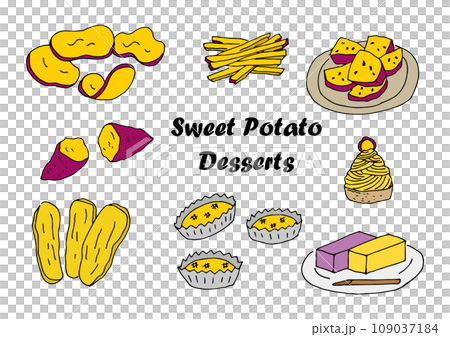 サツマイモスイーツのイラストセット(カラー)(手描き、手書き) サツマイモスイーツのイラストセット(カラー)(手描き、手書き) 109037184