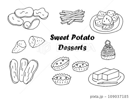サツマイモスイーツのイラストセット(モノクロ、白黒、アウトライン)(手描き、手書き) サツマイモスイーツのイラストセット(モノクロ、白黒、アウトライン)(手描き、手書き) 109037185