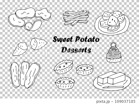 Sweet potato sweets illustration set (monochrome, black and white, outline) (hand drawn, handwritten) 109037185