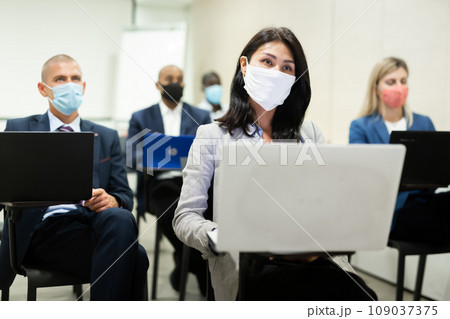 international group of managers with laptop in advanced training courses during epidemic international group of managers with laptop in advanced training courses during epidemic 109037375