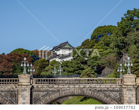 皇居前広場から望む二重橋の景観 正門石橋と伏見櫓 皇居前広場から望む二重橋の景観 正門石橋と伏見櫓 109037782