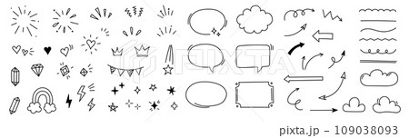 Hand drawn line cute star sparkle, heart, arrow elements. Doodle heart, arrow, star, sparkle decoration set icon. Simple sketch line style emphasis, attention, pattern elements. Vector 109038093