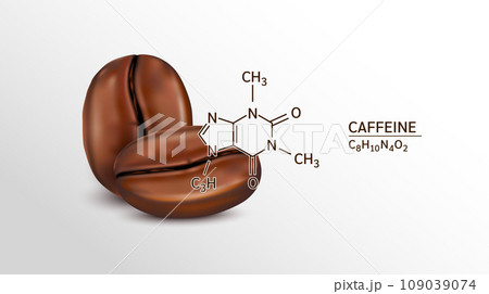 Coffee beans and Caffeine structural chemical formula. Isolated on white background. Vector EPS10 illustration. Caffeine is a central nervous system stimulant. Medical and scientific concepts. 109039074
