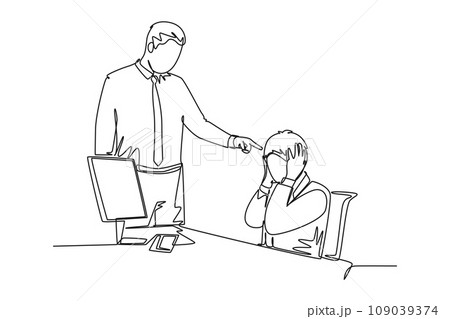 Single continuous line drawing of young upset manager pointing finger to his stressful staff and blaming the staff about bad work performance concept. One line draw graphic design vector illustration Single continuous line drawing of young upset manager pointing finger to his stressful staff and blaming the staff about bad work performance concept. One line draw graphic design vector illustration 109039374