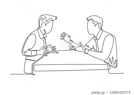 Single continuous line drawing of young angry businessman screaming to his shouting business partner then they blaming each others. Business problem. One line draw graphic design vector illustration Single continuous line drawing of young angry businessman screaming to his shouting business partner then they blaming each others. Business problem. One line draw graphic design vector illustration 109039375