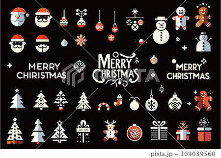 イラスト素材: クリスマスカード デザイン用セット_背景黒 109039560